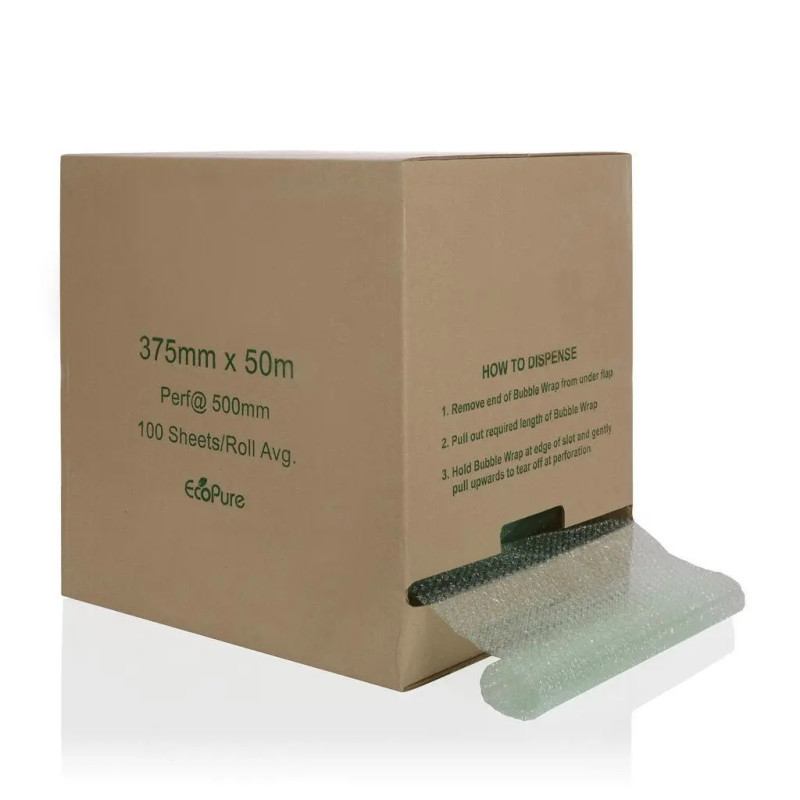 375mm x 50m Natural LDPE EcoPure Bubble WrapRoll 500mm Perforations