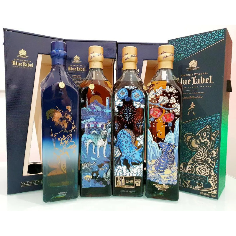 Johnnie Walker Blue Label Set Of 4 Zodiacs Rooster+ Pig + Dog + Rat 4 X 750mL