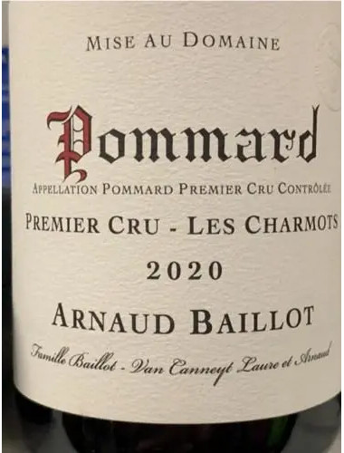 Arnaud Baillot Pommard Premier Cru Les Charmots 2020 750ml